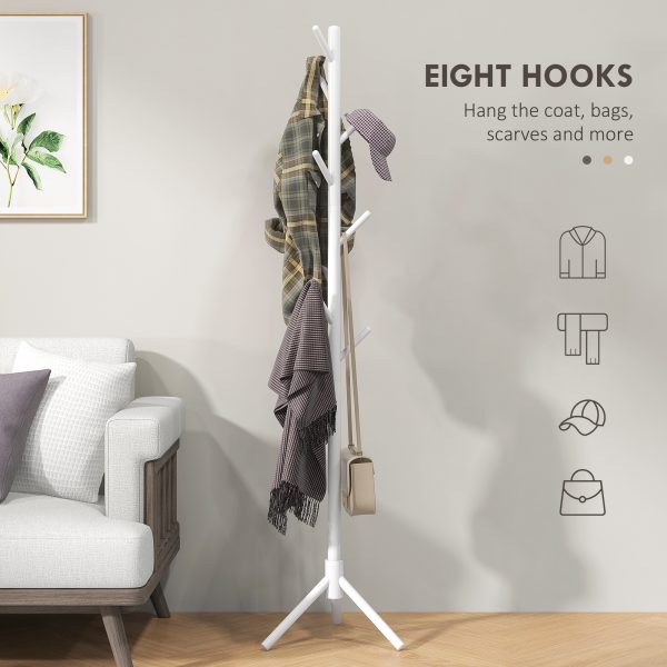 HOMCOM Coat Rack Bamboo Coat Stand with 8 Hooks for Handbags, White - Image 4