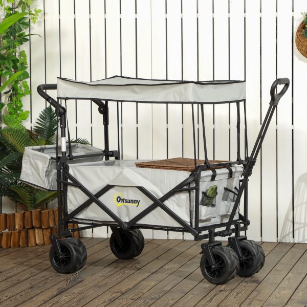 Outsunny Outdoor Push Pull Wagon Stroller Cart with Canopy Top Grey - Image 2