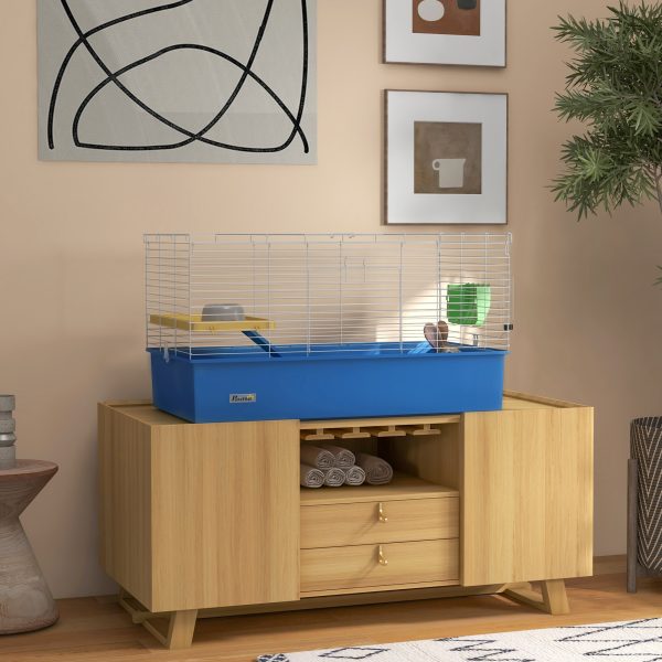 PawHut Small Animal Cage, Rabbit Guinea Pig Hutch, Pet Playhouse, Blue - Image 2