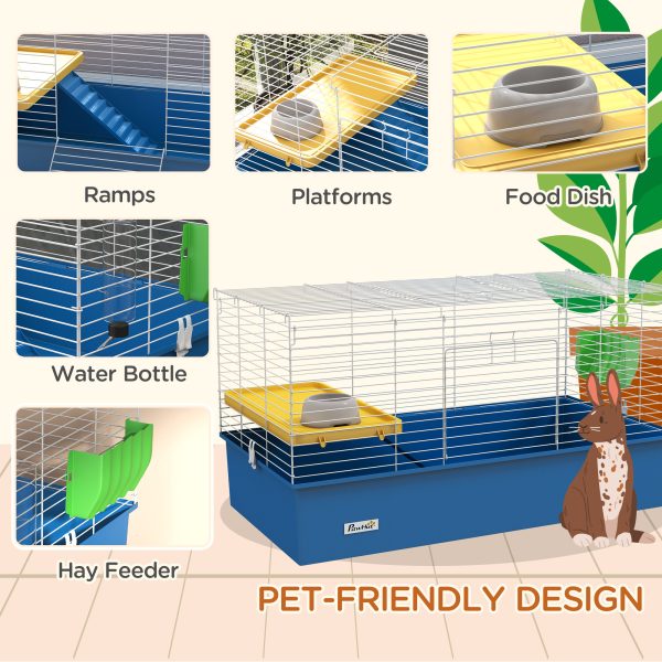 PawHut Small Animal Cage, Rabbit Guinea Pig Hutch, Pet Playhouse, Blue - Image 4
