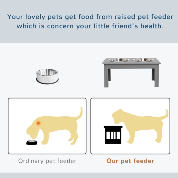 PawHut Raised Dog Bowls Pet Feeder Raised Elevated Stainless Steel Food Grey - Image 3