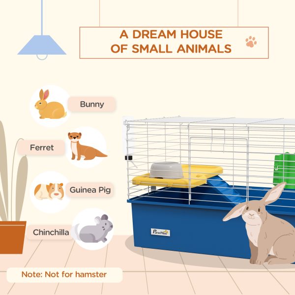 PawHut Small Animal Cage, Rabbit Guinea Pig Hutch, Pet Playhouse, Blue - Image 3