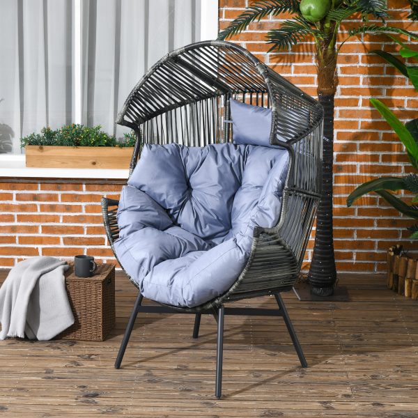 Outsunny Rattan Leisure Chair with Cushion, Garden Egg Chair with Headrest, Grey - Image 2
