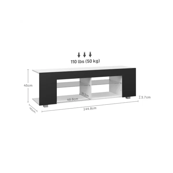HOMCOM TV Stand 145cm TV Unit with Glass Shelves RGB LED Light for 60"TV Black - Image 3