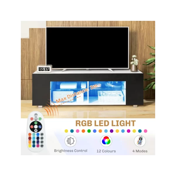 HOMCOM TV Stand 145cm TV Unit with Glass Shelves RGB LED Light for 60"TV Black - Image 4