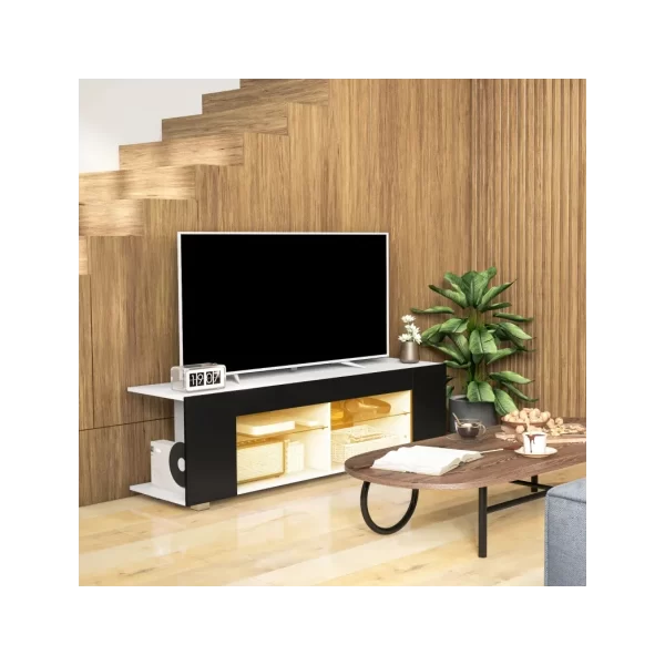 HOMCOM TV Stand 145cm TV Unit with Glass Shelves RGB LED Light for 60"TV Black - Image 7
