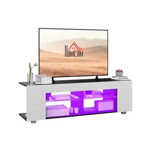 HOMCOM TV Stand 145cm TV Unit with Glass Shelves RGB LED Light for 60"TV White