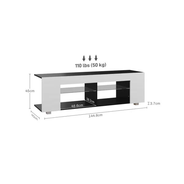 HOMCOM TV Stand 145cm TV Unit with Glass Shelves RGB LED Light for 60"TV White - Image 3