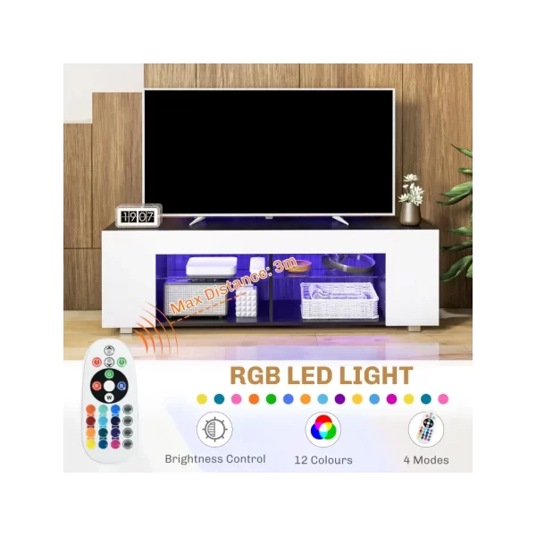 HOMCOM TV Stand 145cm TV Unit with Glass Shelves RGB LED Light for 60"TV White - Image 4