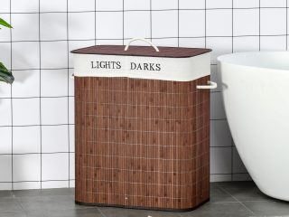 HOMCOM 2 Section Collapsible Laundry Hamper Lid Removable Lining, Brown