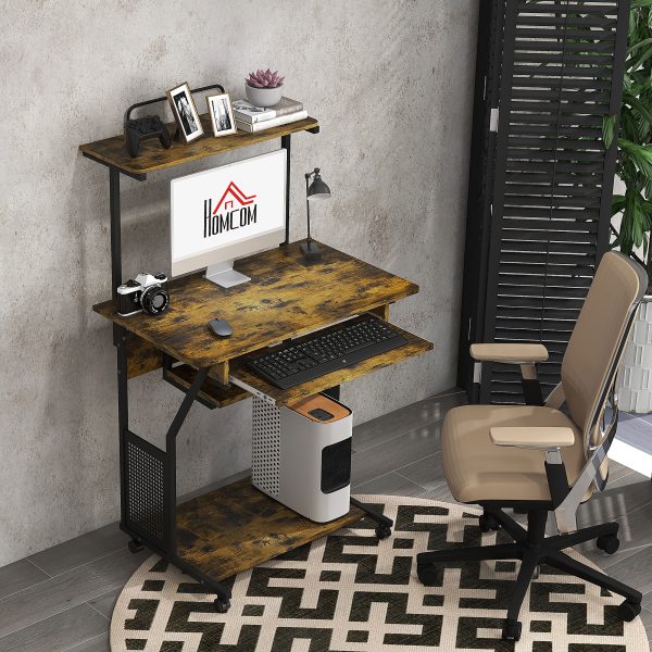 HOMCOM Rolling Computer Desk with Keyboard Tray Storage Shelves Rustic Brown