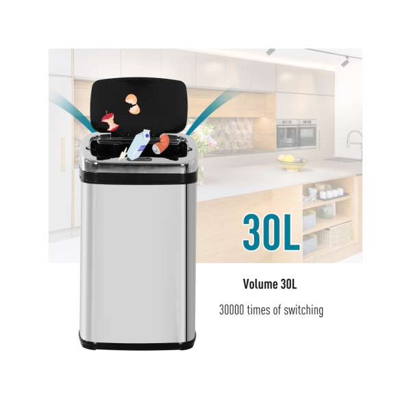 HOMCOM 30L Automatic Kitchen Bin with Lid and Infrared Motion Sensor Silver - Image 4