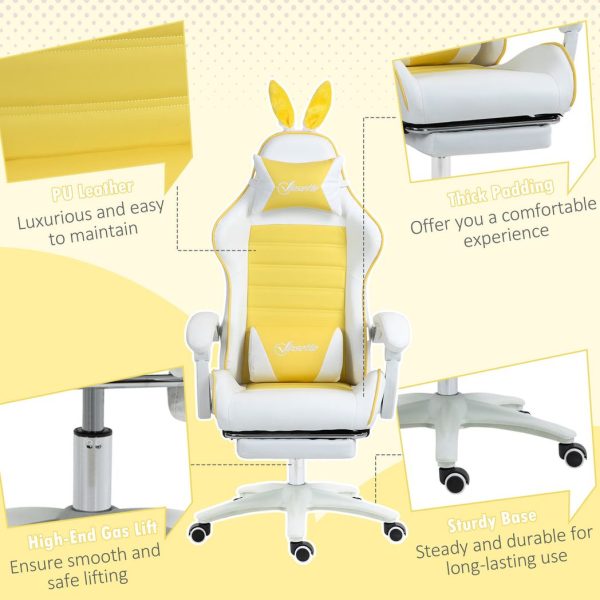 Vinsetto Racing Style Gaming Chair with Footrest Removable Rabbit Ears, Yellow - Image 5