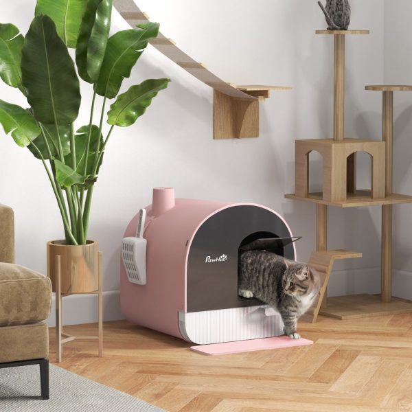 PawHut Cat Litter Box Kitten Litter Tray w/ Lid, Scoop, Filter, Flap Door, Pink