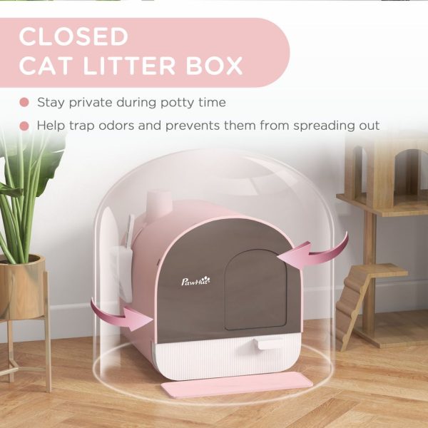 PawHut Cat Litter Box Kitten Litter Tray w/ Lid, Scoop, Filter, Flap Door, Pink - Image 3