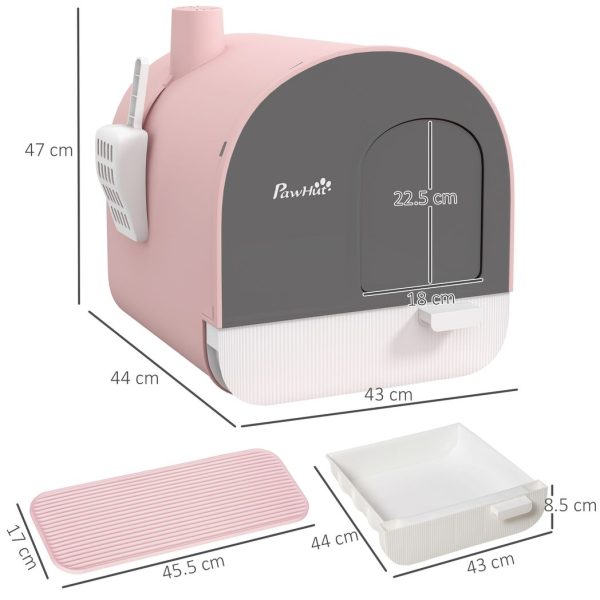 PawHut Cat Litter Box Kitten Litter Tray w/ Lid, Scoop, Filter, Flap Door, Pink - Image 4