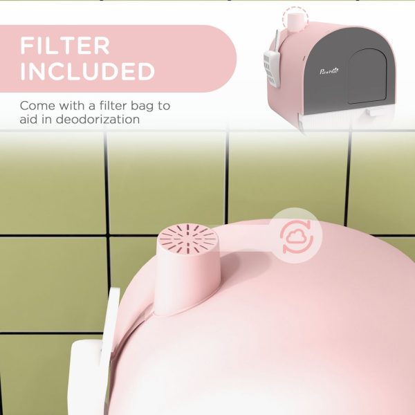 PawHut Cat Litter Box Kitten Litter Tray w/ Lid, Scoop, Filter, Flap Door, Pink - Image 5