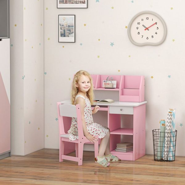 ZONEKIZ Kids Desk and Chair Set with Storage for 5-8 Years, Pink - Image 2