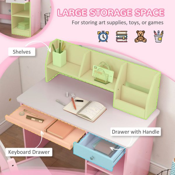 ZONEKIZ Kids Desk and Chair Set with Storage for 5-8 Years, Pink - Image 4