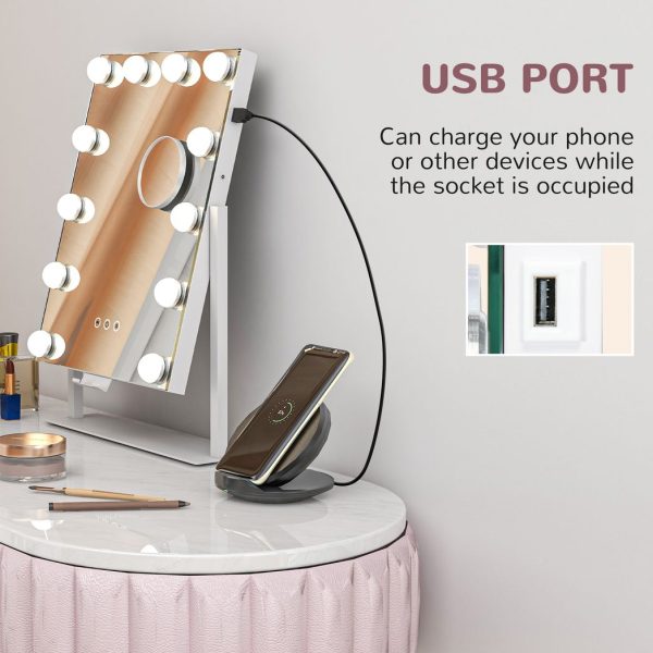 HOMCOM Hollywood Lighted Makeup Mirror with Magnifier, USB Port, Phone Holder - Image 5