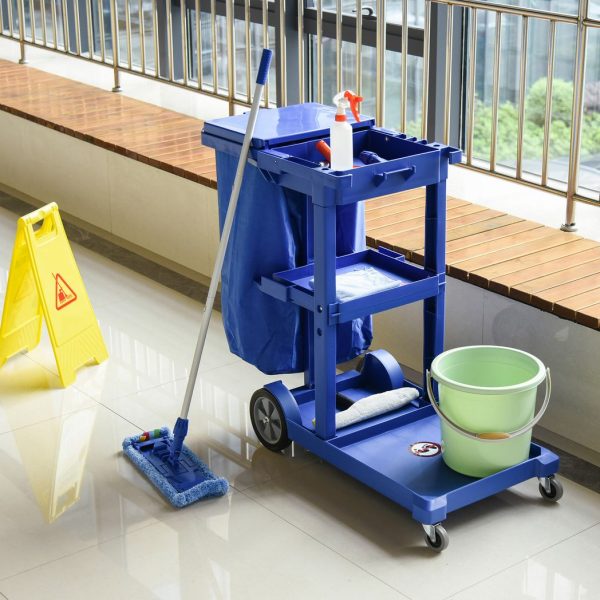 HOMCOM Cleaning Cart On Wheels, Housekeeping Trolley w/ 3 Tier Shelves, Blue - Image 2