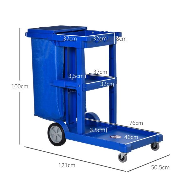 HOMCOM Cleaning Cart On Wheels, Housekeeping Trolley w/ 3 Tier Shelves, Blue - Image 3
