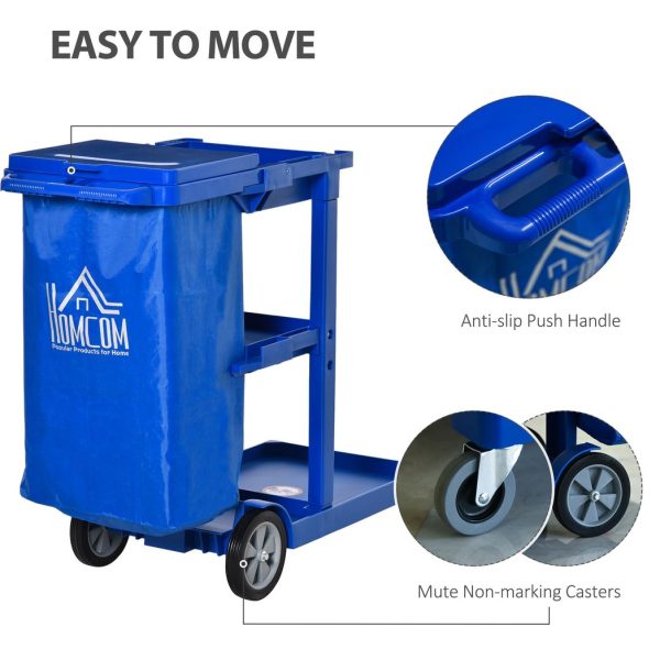 HOMCOM Cleaning Cart On Wheels, Housekeeping Trolley w/ 3 Tier Shelves, Blue - Image 5