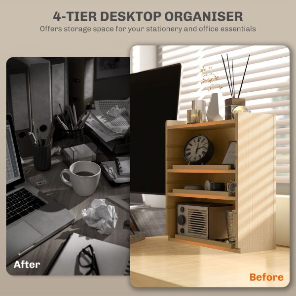HOMCOM 4-Tier Desktop Organiser with Cable Management for Stationery Oak Tone - Image 4