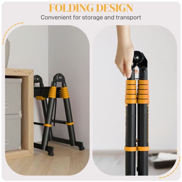 HOMCOM 3.8M Duo Aluminium Ladder Tool Holder Herringbone Deployed, Yellow - Image 5