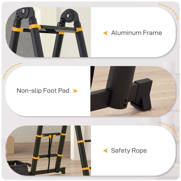 HOMCOM 3.8M Duo Aluminium Ladder Tool Holder Herringbone Deployed, Yellow - Image 6