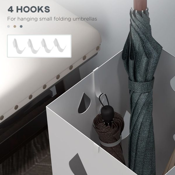 HOMCOM Metal Umbrella Stand, Square Umbrella Basket with 4 Hooks Drip Tray White - Image 6