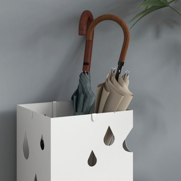 HOMCOM Metal Umbrella Stand, Square Umbrella Basket with 4 Hooks Drip Tray White - Image 7