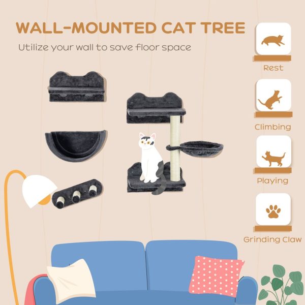 PawHut 4PCs Wall Mounted Cat Tree Cat Wall Shelves W/ Scratching Post Dark Grey - Image 3
