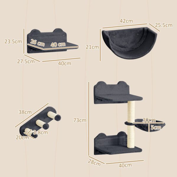 PawHut 4PCs Wall Mounted Cat Tree Cat Wall Shelves W/ Scratching Post Dark Grey - Image 5
