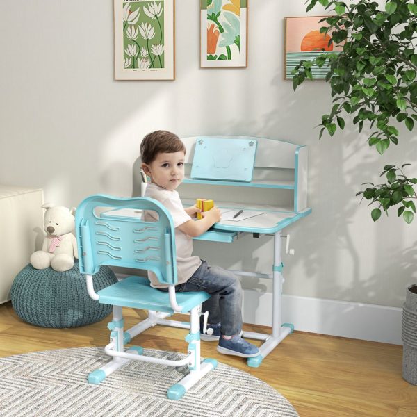 ZONEKIZ Height Adjustable Kids Desk and Chair Set, with Drawer, Bookshelf, Blue - Image 2