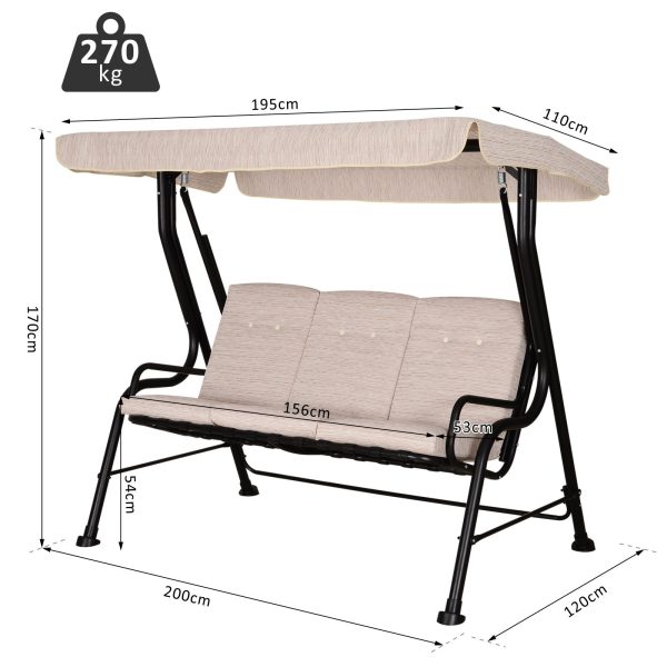 Steel Frame 3-Seater Outdoor Garden Swing Chair w/ Canopy Beige - Image 2