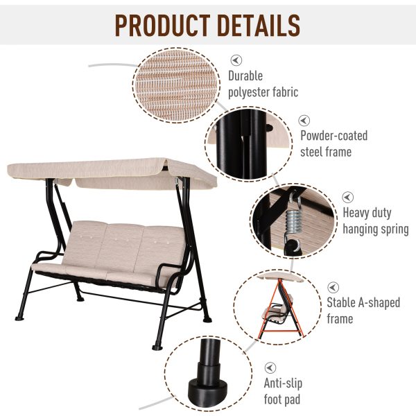 Steel Frame 3-Seater Outdoor Garden Swing Chair w/ Canopy Beige - Image 3