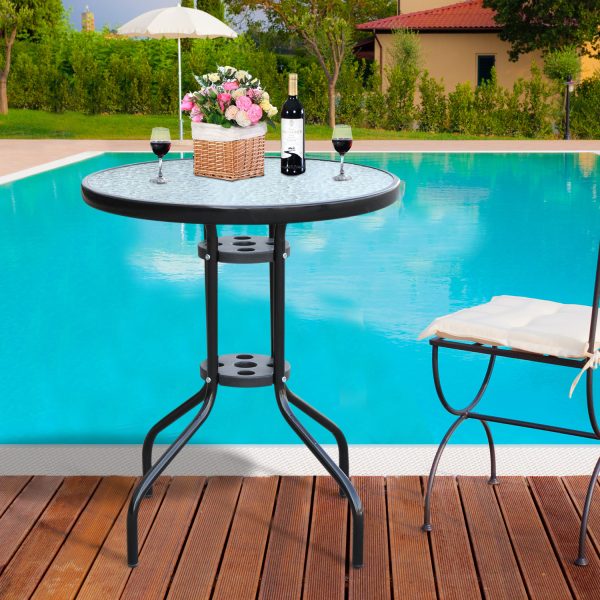 60 70H cm Round Metal Table, Tempered Glass-Black