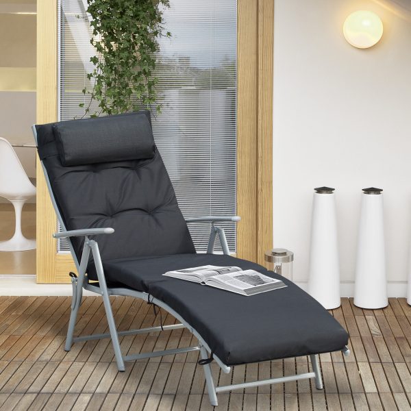 Steel Frame Outdoor Garden Padded Sun Lounger w/ Pillow Black