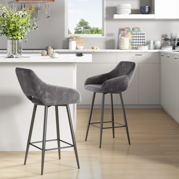 HOMCOM Bar Stools Set of 2, Velvet-Touch Fabric Counter Height Bar Chairs Grey - Image 2
