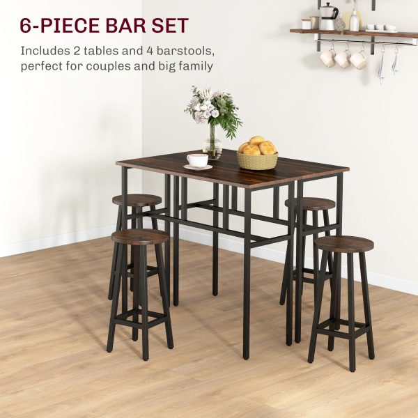 HOMCOM 6-Piece Industrial Bar Table Set, 2 Kitchen Tables with 4 Stools, Brown - Image 4
