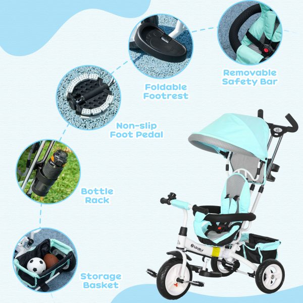 HOMCOM 6 in 1 Kids Trike, Stroller with Parent Handle, Green - Image 5