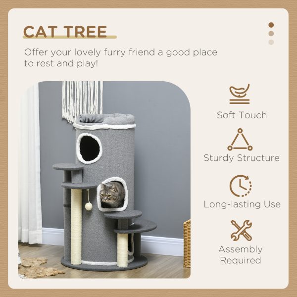 PawHut Barrel Shaped Cat Tree for Indoor Cats with Sisal Scratching Posts, Grey - Image 3