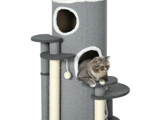 PawHut Barrel Shaped Cat Tree for Indoor Cats with Sisal Scratching Posts, Grey