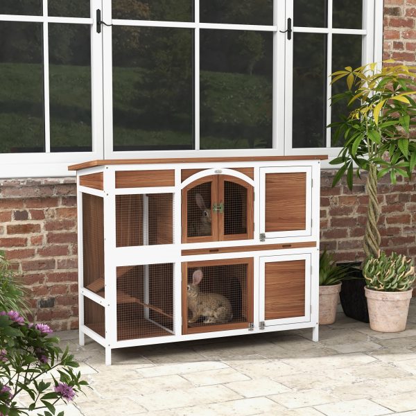 PawHut Two-Tier Wooden Rabbit Hutch w/ Openable Roof, Slide-Out Tray, Ramp