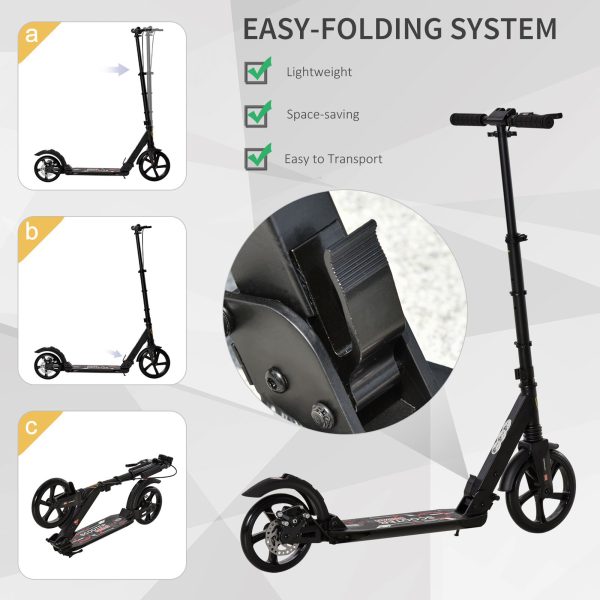 HOMCOM Teens Adult Kick Scooter Fold Adjust 14+ w/ Rear Dual Brake System Black - Image 7