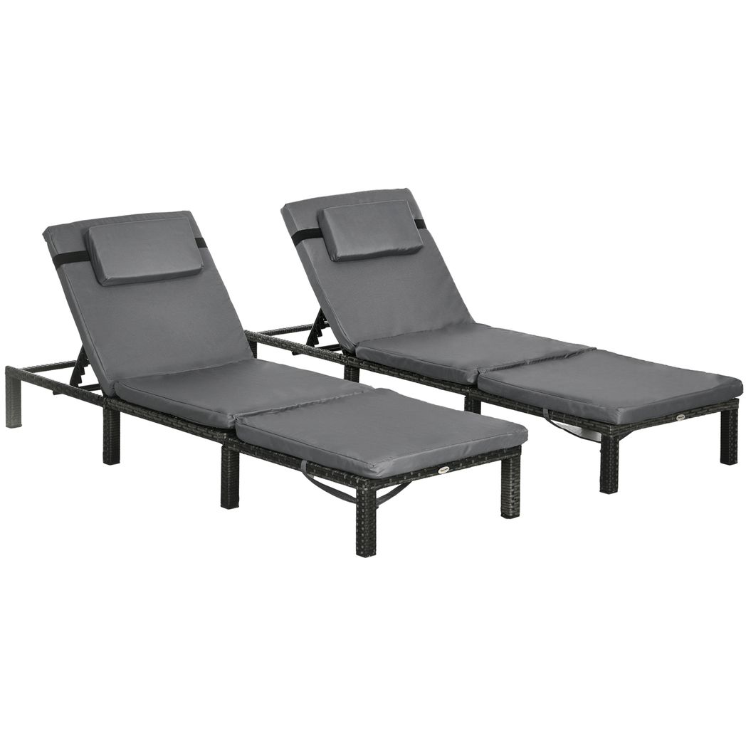 Outsunny 2 Pieces Rattan Sun Loungers with Padded Cushion for Poolside Dark Grey