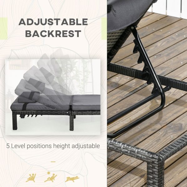 Outsunny 2 Pieces Rattan Sun Loungers with Padded Cushion for Poolside Dark Grey - Image 3