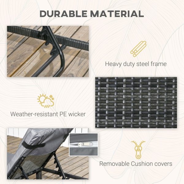 Outsunny 2 Pieces Rattan Sun Loungers with Padded Cushion for Poolside Dark Grey - Image 4