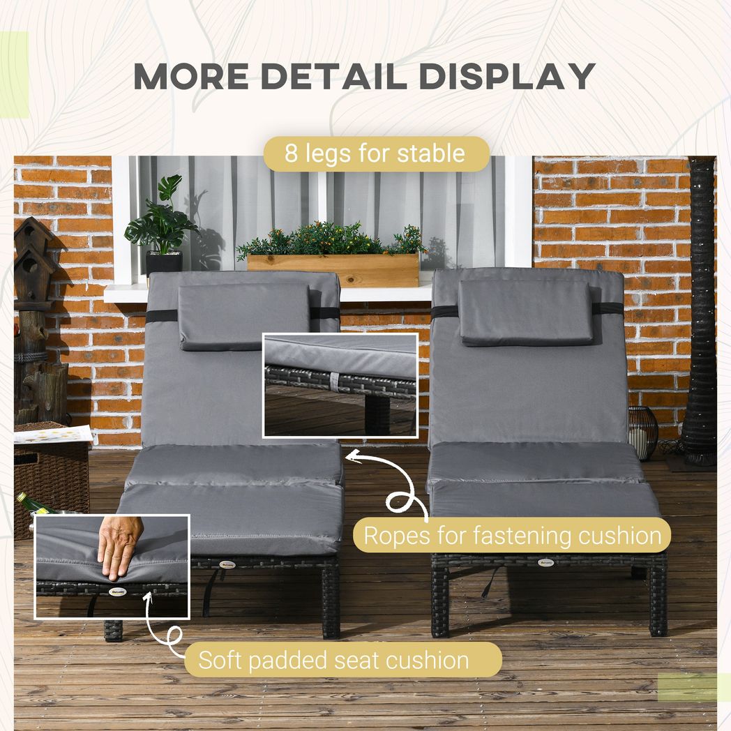 Outsunny 2 Pieces Rattan Sun Loungers with Padded Cushion for Poolside Dark Grey - Image 6